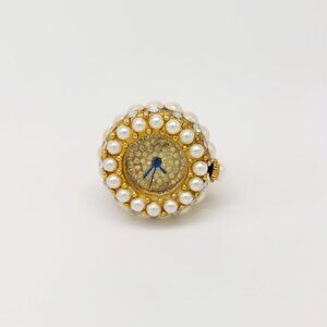 Vintage pearl like & crystal blue hands ring watch by migi (Unsigned) works